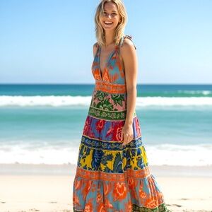 FARM RIO Lace Garden Mix Maxi Dress tiered cotton multi color size Large